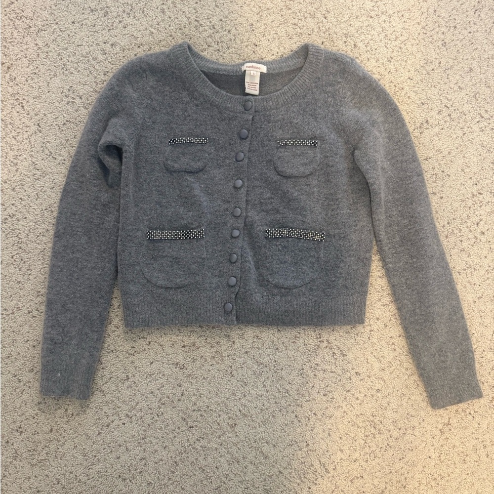 Sundance Lambswool Gray Button-Front Crewneck Sweater Cardigan